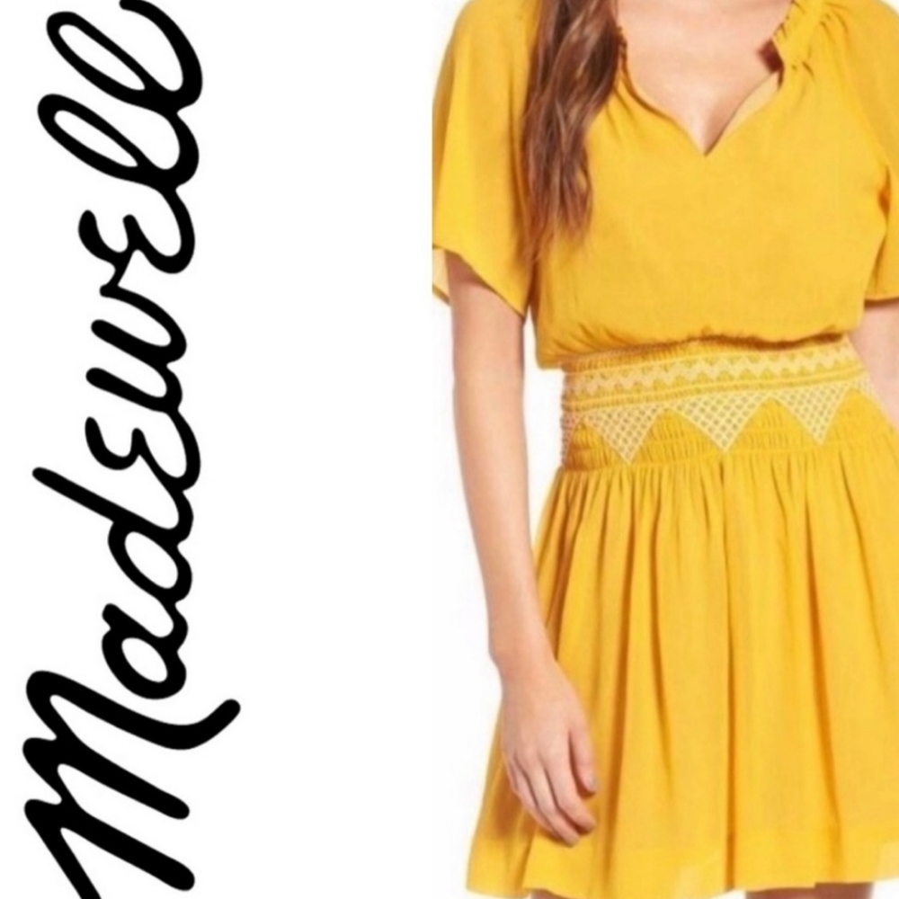 Madewell Golden Sun Smocked Fit'nFlare Mini Dress Embroidered Flutter Slvs Sz 2